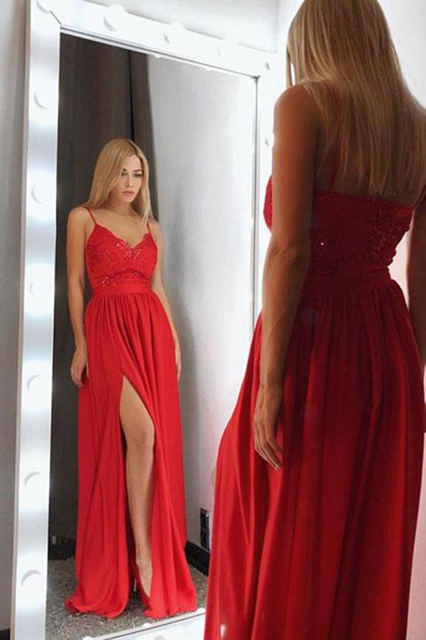 Sexy Red V-Neck Spaghetti Straps Satin Lace Bodice Floor Length Split Prom Dresses RS768
