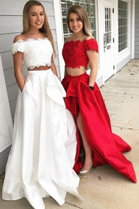 A-Line Princess Off-the-Shoulder Sleeveless Brush Train Lace Satin Two Piece Prom Dresses RS562