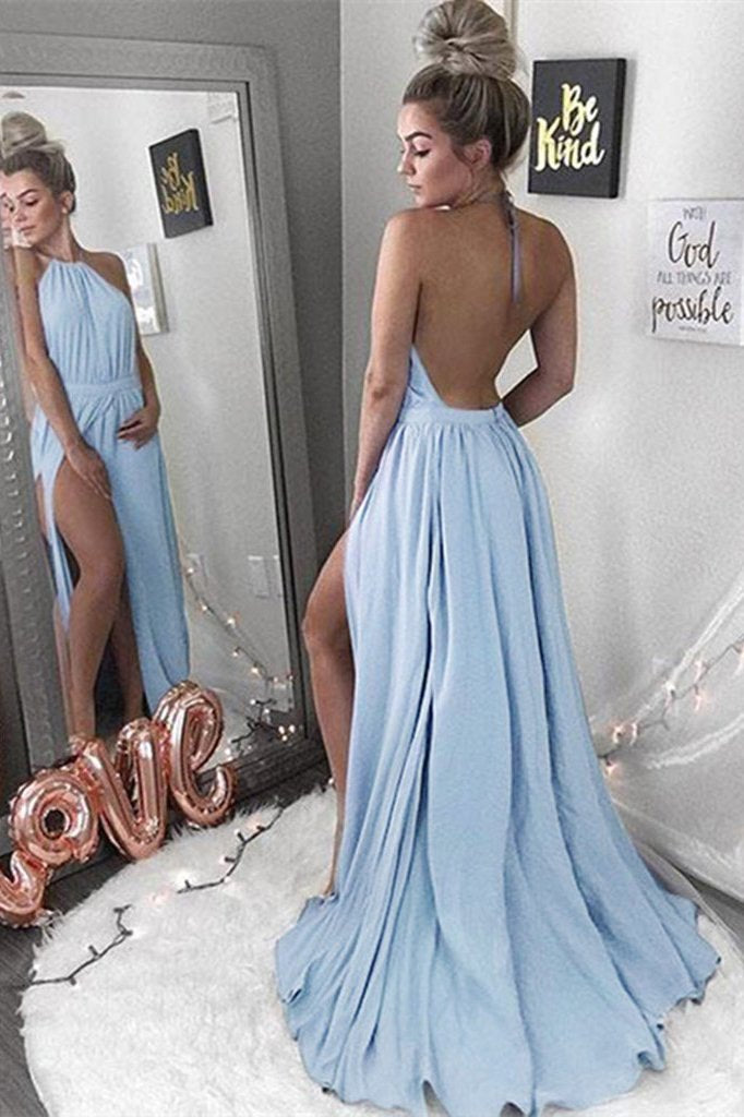 Sexy A-Line Halter Neck Backless Sleeveless Blue with Slit Chiffon Prom Dresses RS410