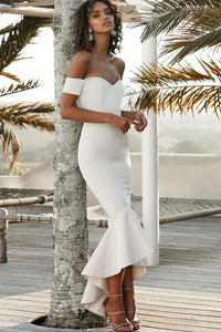 Mermaid Off the Shoulder Sweetheart Ivory Satin Open Back Ruffles Bridesmaid Dresses RS756