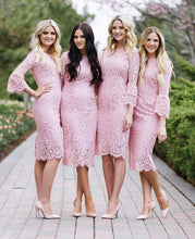Load image into Gallery viewer, Fashion Sheath Jewel Mermaid Long Sleeves Pink Lace Knee Length Bridesmaid Dress RS580