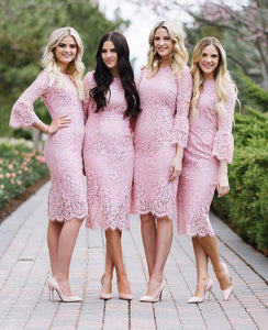 Fashion Sheath Jewel Mermaid Long Sleeves Pink Lace Knee Length Bridesmaid Dress RS580