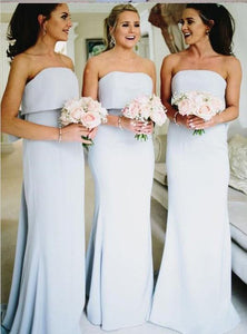 Modest Mermaid Strapless Long Light Sky Blue Bridesmaid Dresses with Bow RS834