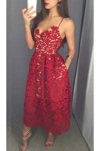 Mid-calf Red Lace Spaghetti Straps with Pockets Sweetheart Homecoming Dresses RS642