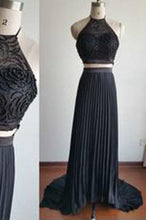Load image into Gallery viewer, Gorgeous Halter Court Train Two Pieces Black Beads Chiffon Backless Prom Dresses RS776