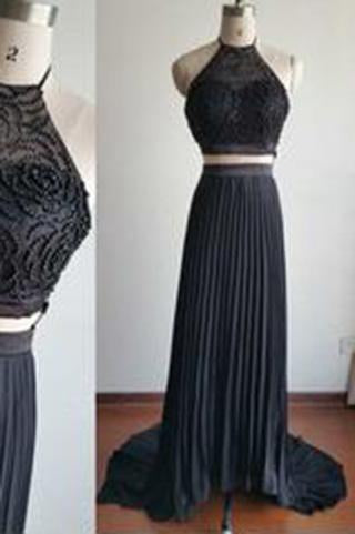 Gorgeous Halter Court Train Two Pieces Black Beads Chiffon Backless Prom Dresses RS776