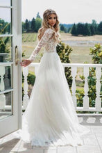 Load image into Gallery viewer, A Line Long Sleeve Deep V Neck Tulle Open Back Lace Appliques Wedding Dresses RS144