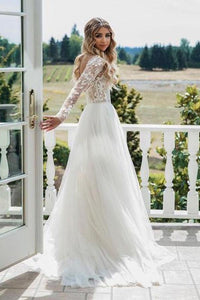 A Line Long Sleeve Deep V Neck Tulle Open Back Lace Appliques Wedding Dresses RS144