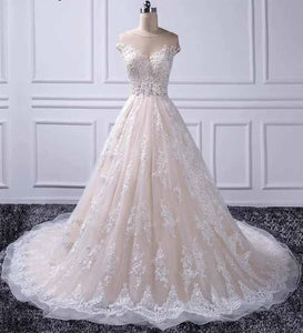 Unique A Line Lace Appliques Cap Sleeves Ivory V Neck Beads Wedding Dresses RS839