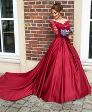 Load image into Gallery viewer, Long Sleeves Off the Shoulder Burgundy Sweetheart Satin Lace Ball Gown Prom Dresses RS435