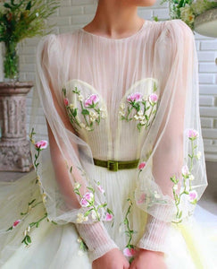 A-line Long Sleeves Tulle Long Prom Dress