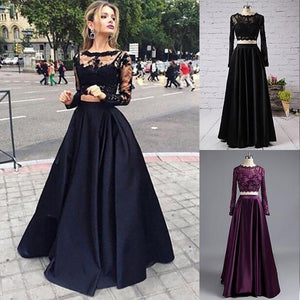 Black two pieces long sleeve prom dress A-line lace two pieces long prom dress grad dresses RS104