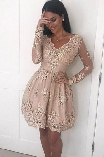 A Line V neck Lace Short Prom Dress Long Sleeve Satin Appliques Homecoming Dresses RS694
