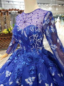 Ball Gown Blue Round Neck Prom Dresses with Beads Lace up Quinceanera Dresses RS784
