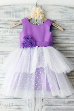 Load image into Gallery viewer, Ball Gown Ivory Scoop Neck Satin Purple Tulle Ankle-length Tiered Child Flower Girl Dresses RS736