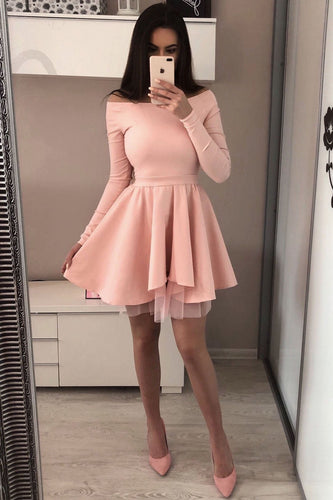 A Line Long Sleeve Blush Pink Off the Shoulder Satin Short Homecoming Dresses RS996