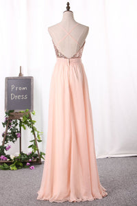 2024 New Arrival Sexy Spaghetti Straps Prom Dresses A Line Chiffon With Slit Zipper Up