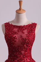 Load image into Gallery viewer, 2024 Sexy Bateau A-Line Prom Gown Sweep Train With Beads And Applique Burgundy