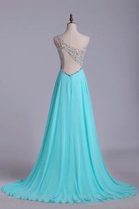 2024 Prom Dresses A Line One Shoulder Tulle & Chiffon Sweep Train With Beading