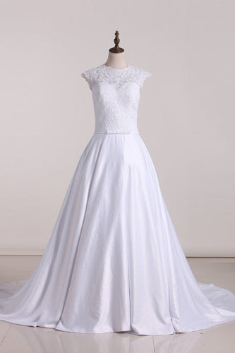 2024 Wedding Dresses Scoop With Applique And Sash A Line Stretch Satin