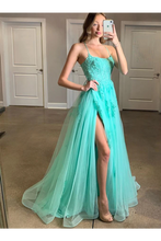 Load image into Gallery viewer, Spaghetti Straps High Slit Evening Dress Appliqued Sweep Train Long Prom SRSPK6C7A1K