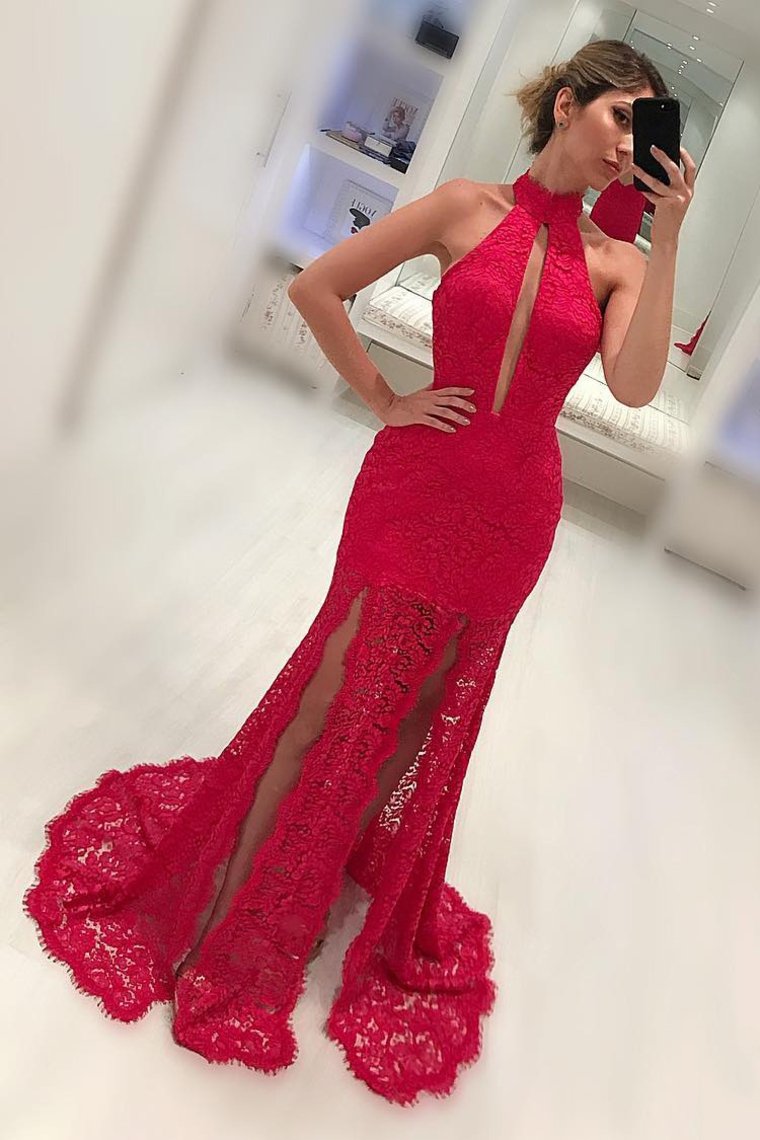 2024 High Neck Lace Mermaid Prom Dresses With Slit Sweep Train