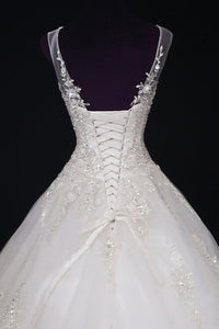 2024 A Line Wedding Dresses Scoop Tulle With Applique And Beads Lace Up