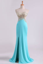 Load image into Gallery viewer, 2024 Sexy Prom Dresses Sheath With Slit And Applique Sweep Train Spandex