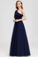 Load image into Gallery viewer, Simple A Line One Shoulder Navy Blue Tulle Prom Dresses Cheap Formal Dresses SRS15382