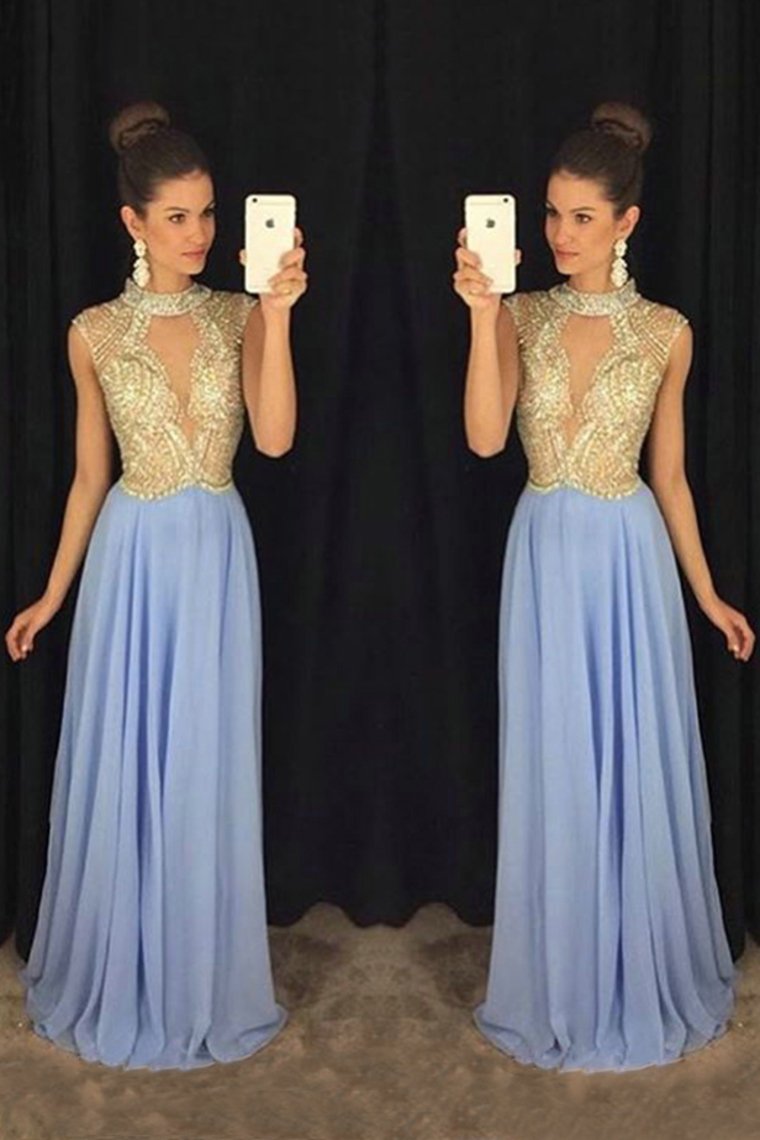 2024 High Neck Prom Dresses A Line Chiffon With Beading