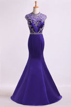 Load image into Gallery viewer, 2024 High Neck Mermaid Prom Dresses Beaded Bodice With Ruffles Satin