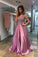 2023 A Line V Neck Satin Prom Dresses With Beading Sweep Train