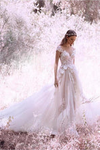 Load image into Gallery viewer, Princess Ivory Cap Sleeve Tulle Long Cheap Wedding Dresses