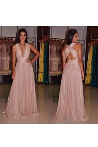2024 Evening Dresses V Neck Open Back Chiffon With Ruffles A Line