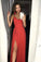 Simple Spaghetti Straps V Neck Ruffles Prom Dress with Pleats, High Slit Evening Dress SRS15533