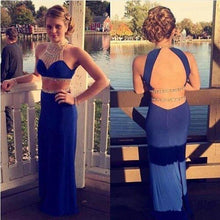Load image into Gallery viewer, Sexy Two Pieces Open Back Royal Blue Mermaid Halter High Neck Beading Long Prom Dress WG572