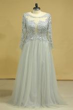 Load image into Gallery viewer, 2024 Long Sleeves Prom Dresses Bateau With Slit &amp; Embroidery Tulle Floor Length Plus Size