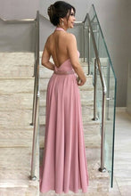 Load image into Gallery viewer, 2024 A Line Halter Prom Dresses With Beads Waistline Elastic Satin