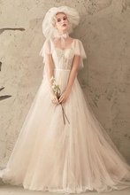 Load image into Gallery viewer, Unique Tulle Lace Long Wedding Dress Ivory Short Sleeves Lace Up Back Bridal SRSPK2YQ77B
