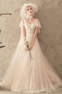 Unique Tulle Lace Long Wedding Dress Ivory Short Sleeves Lace Up Back Bridal SRSPK2YQ77B