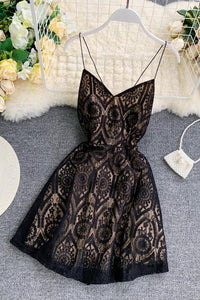A Line Spaghetti Straps Lace V Neck Navy Blue Homecoming Dresses, Sweet 16 Dresses SRS15555