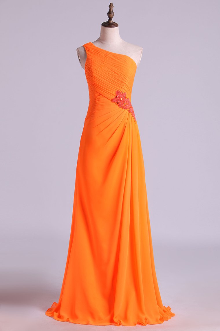 2024 One Shouder Column Evening Dresses Chiffon With Beads With Ruffles