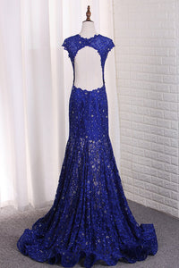 2023 Sexy Open Back Mermaid Prom Dresses Scoop Lace With Beading