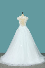 Load image into Gallery viewer, 2024 Ball Gown Short Sleeves Scoop Wedding Dresses Tulle With Applique