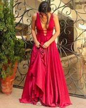 Load image into Gallery viewer, Sexy Deep V-Neck Long Mermaid Red Floor-Length Chiffon Sleeveless Simple Prom Dresses 9081