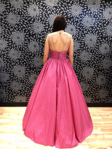 Sugar Pink V-Neck Spaghetti Straps Open Back Sleeveless Prom Dress Satin Prom Dresses RS794