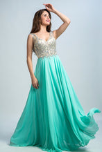 Load image into Gallery viewer, 2023 V Neck Prom Dresses A Line Beaded Bodice Sweep Train Chiffon &amp; Tulle