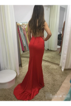 Load image into Gallery viewer, Illusion SweetHeart Neck Backless Spaghetti Red Prom Dresses With Sweep SRSP7GFQPJ3