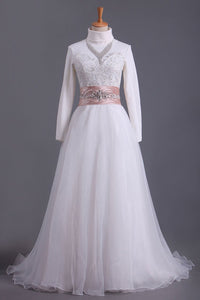 2024 Muslim Wedding Dresses Sweetheart A Line With Applique And Beads Organza