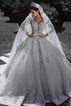 Load image into Gallery viewer, 2024 Long Sleeves A Line Wedding Dresses Tulle With Applique And Sash